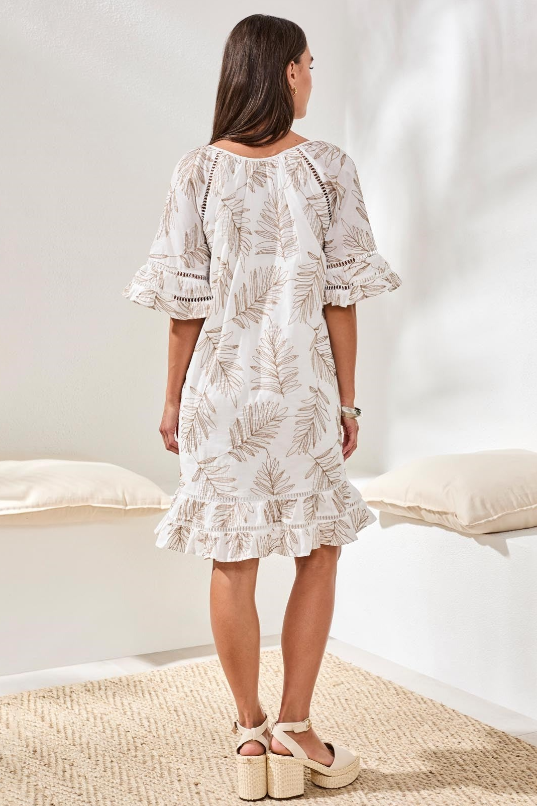 Printed V-Neck Dress With Textured Eyelet Flutter Sleeves