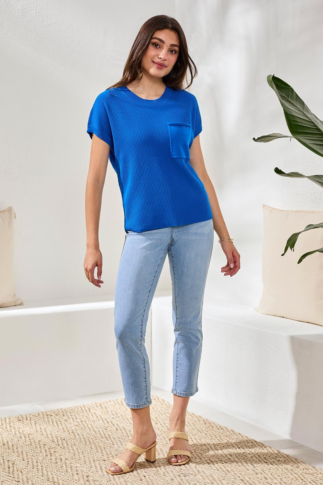 Dolman Short Sleeve Ribbed Knit Top With Pocket
