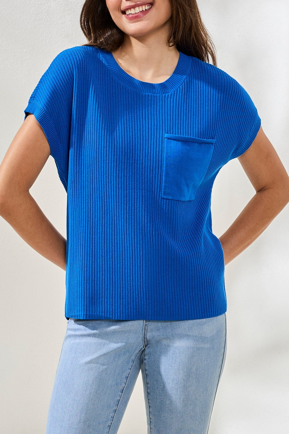 Dolman Short Sleeve Ribbed Knit Top With Pocket