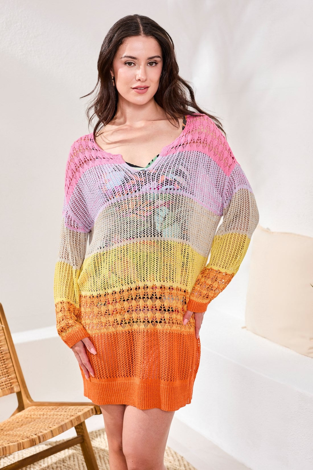 Ombré Stripe Openwork Cover-up Dress