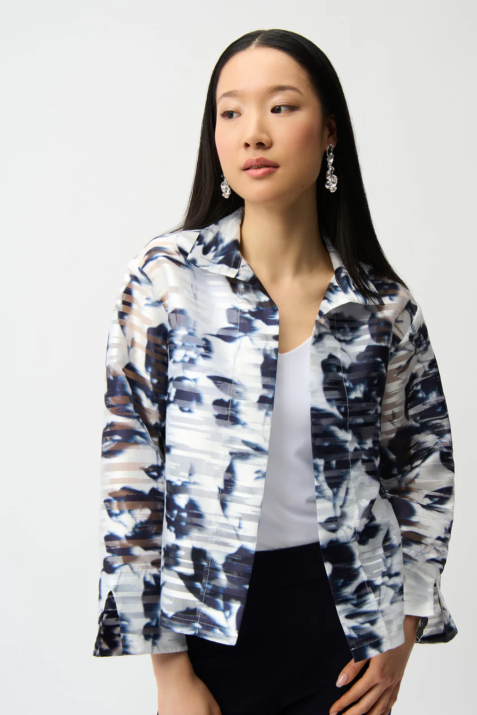 Jacquard Organza Floral Print Trapeze Jacket With Stand Collar