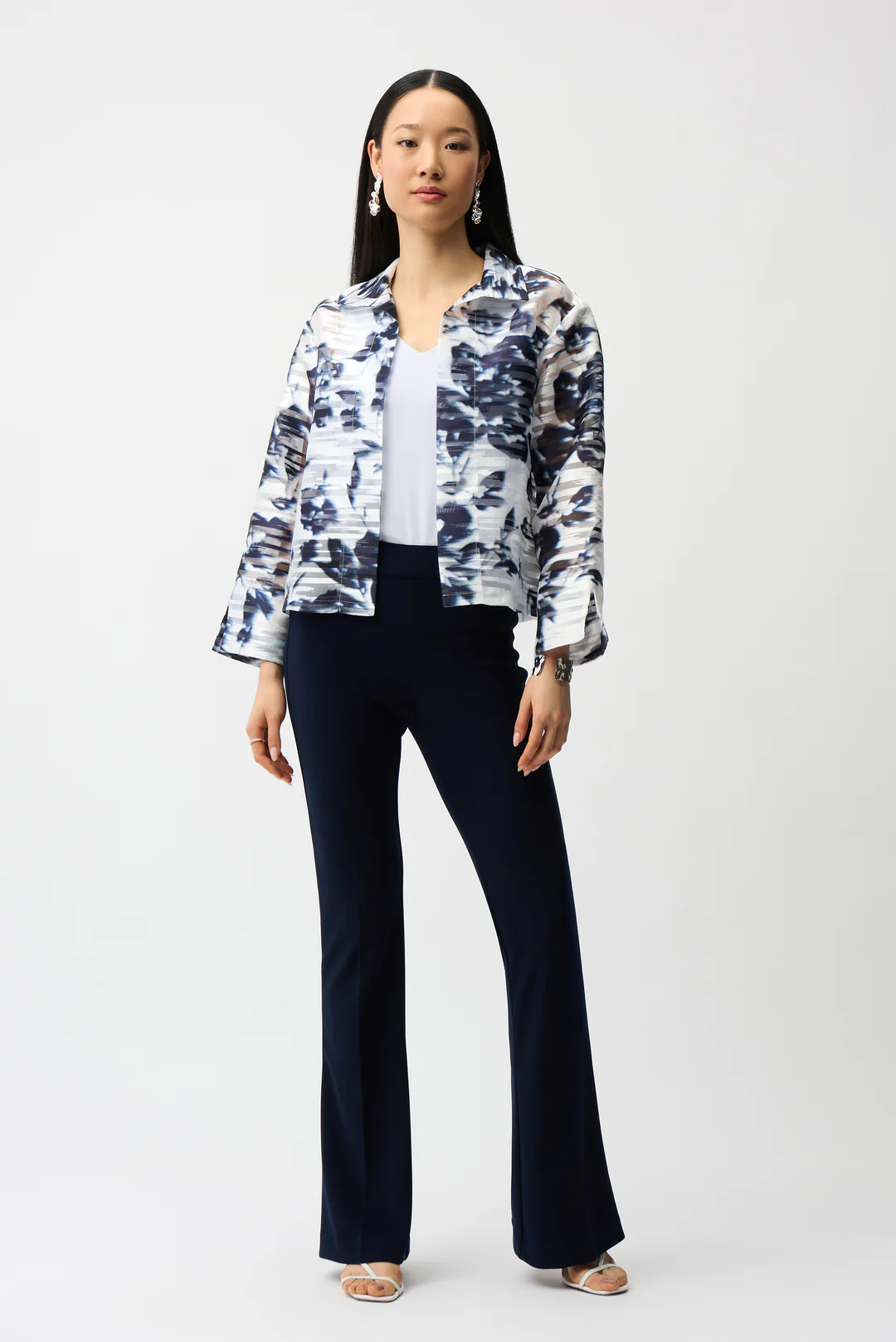 Jacquard Organza Floral Print Trapeze Jacket With Stand Collar