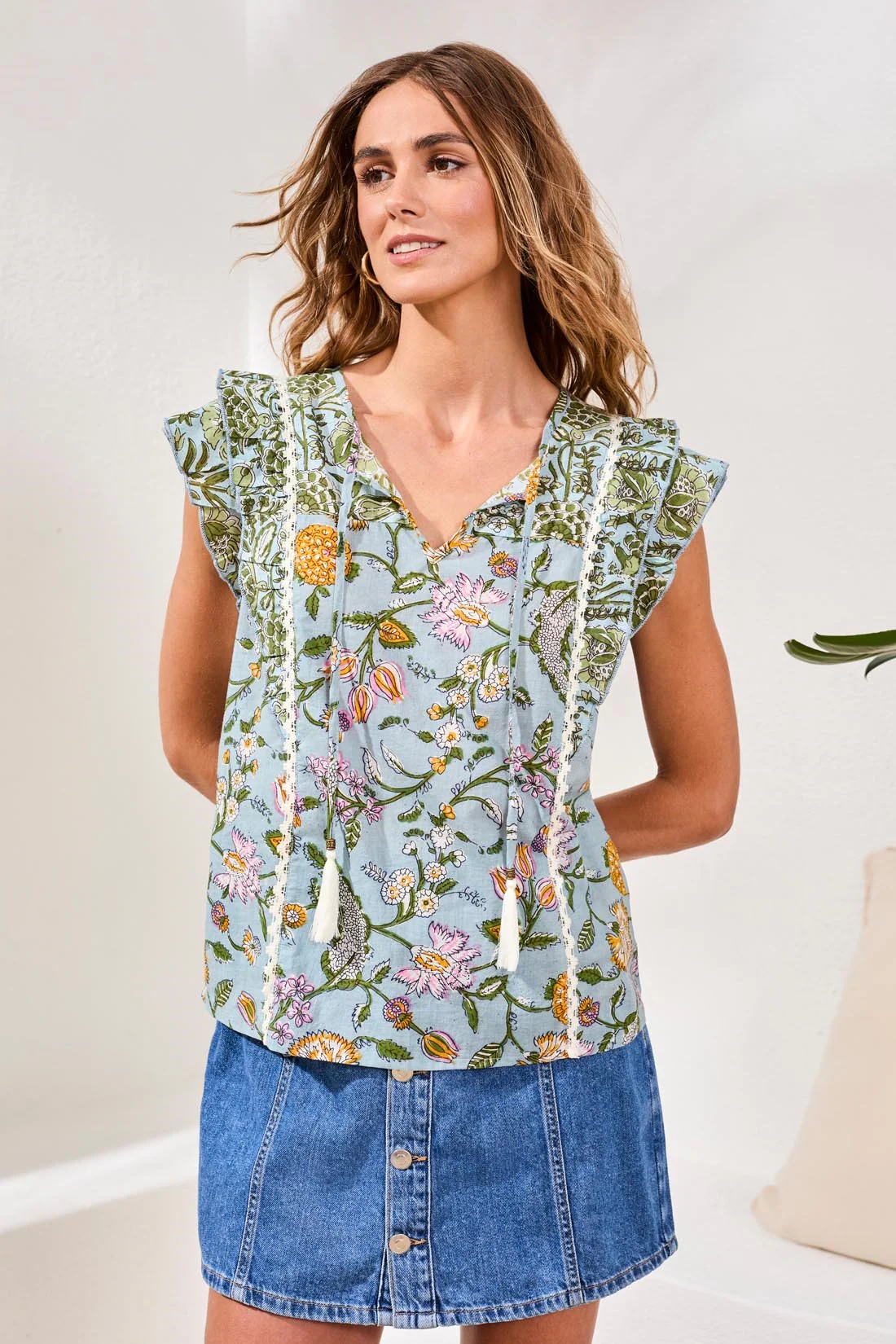 Poplin Novelty Blouse With Frill Cap Sleeves