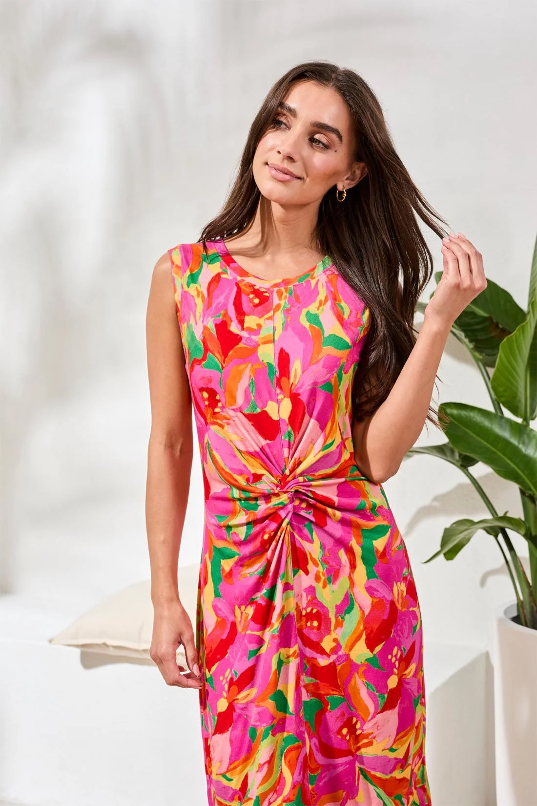 Printed Sleeveless Jersey V‑Neck Front‑Knot Dress