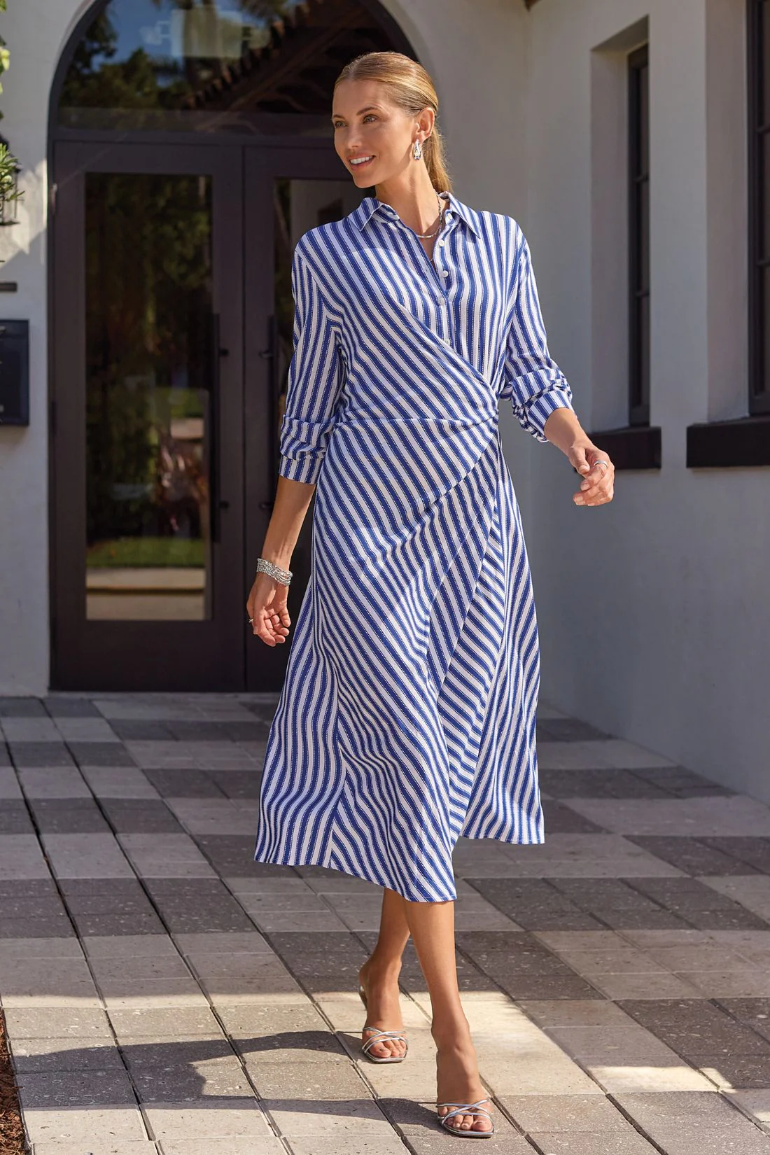 Striped Faux Wrap Knot Waist Midi Dress