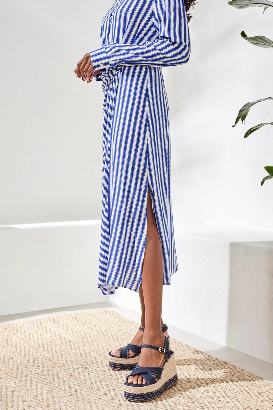 Striped Faux Wrap Knot Waist Midi Dress