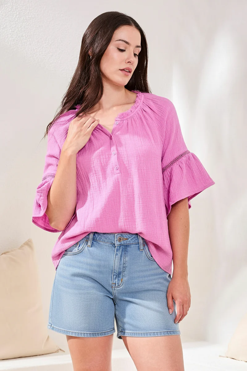Crinkle Gauze Split-Neck Button-Front Bell Sleeve Blouse