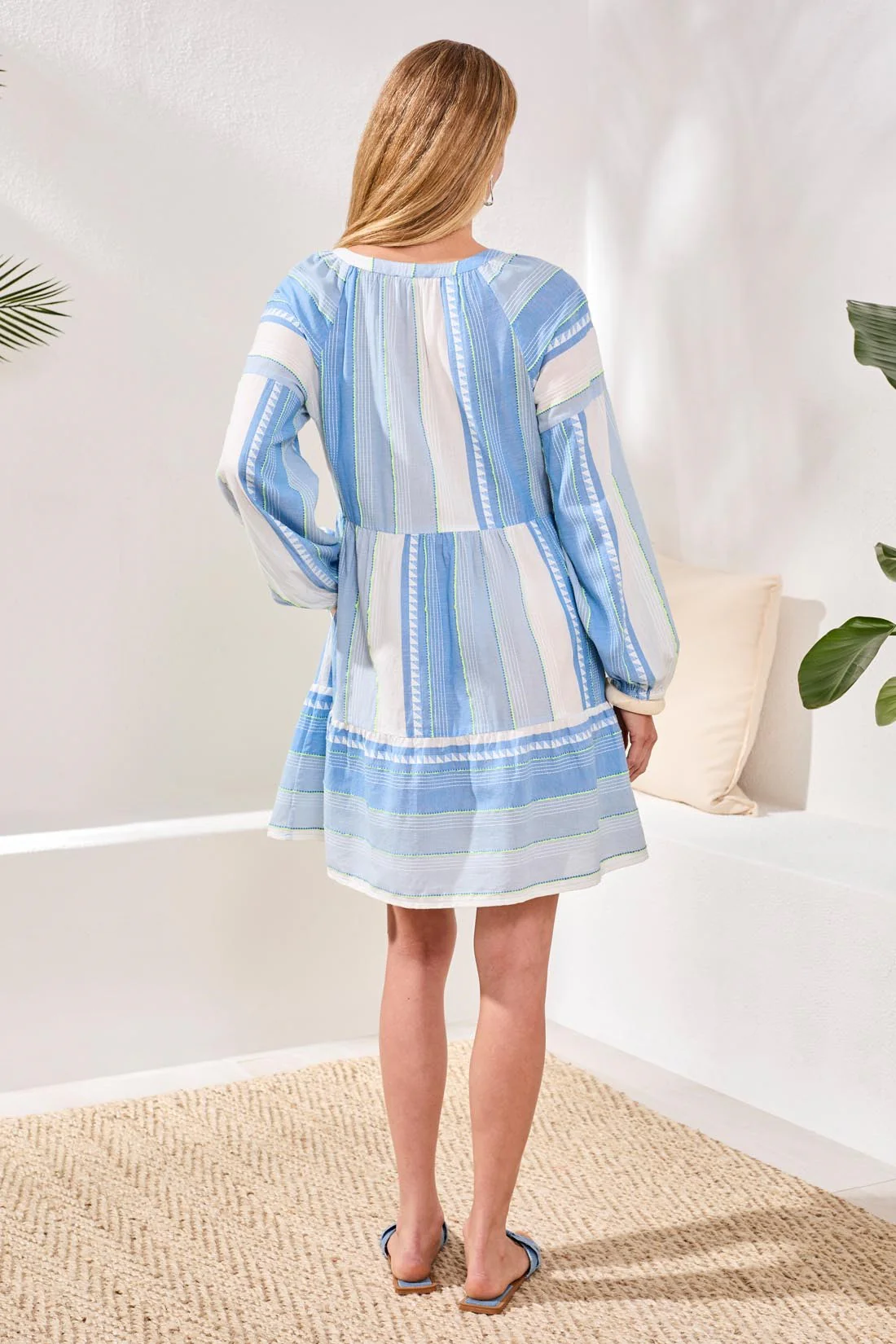 Jacquard Tiered Dress With Balloon Sleeves and Drawcord Neckline