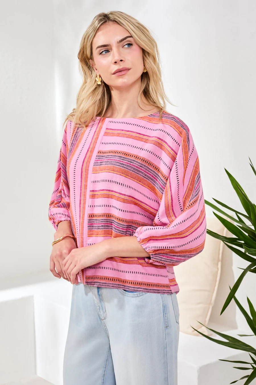 Linen Boat Neck Blouse With Dolman Sleeves