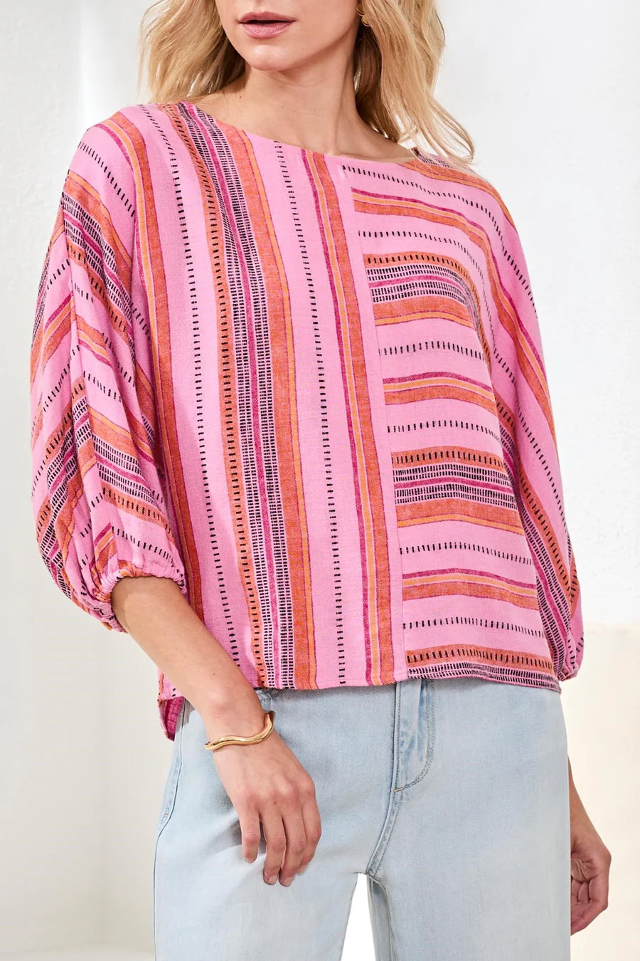 Linen Boat Neck Blouse With Dolman Sleeves