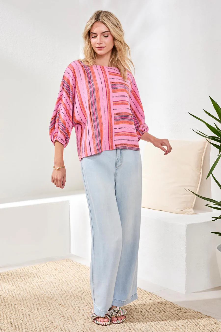 Linen Boat Neck Blouse With Dolman Sleeves