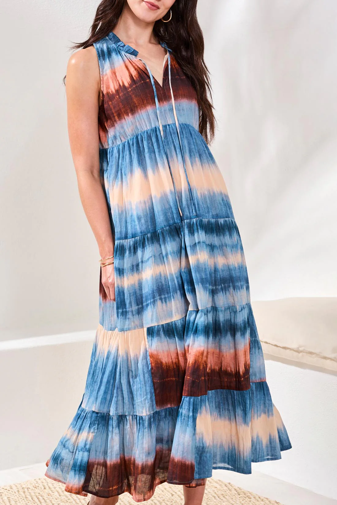 Ombré Printed Maxi Dress With Corded Neckline and Ruffle Hem
