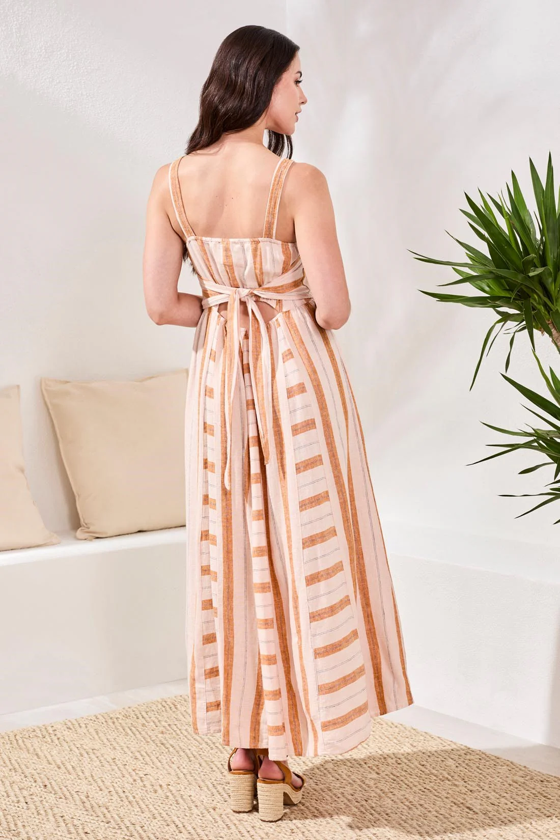 Linen Maxi Dress with Contrast Inserts & Adjustable Waist Sash