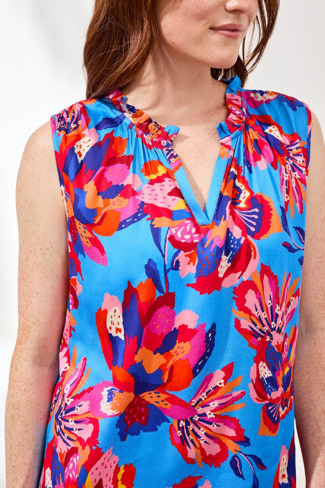 Notch Neck Frill Detail Printed Blouse