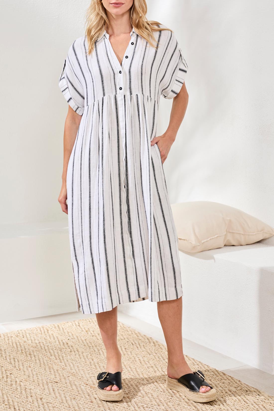 Flowy Shirt Dress with Slit and Hdden Placket -White /Black