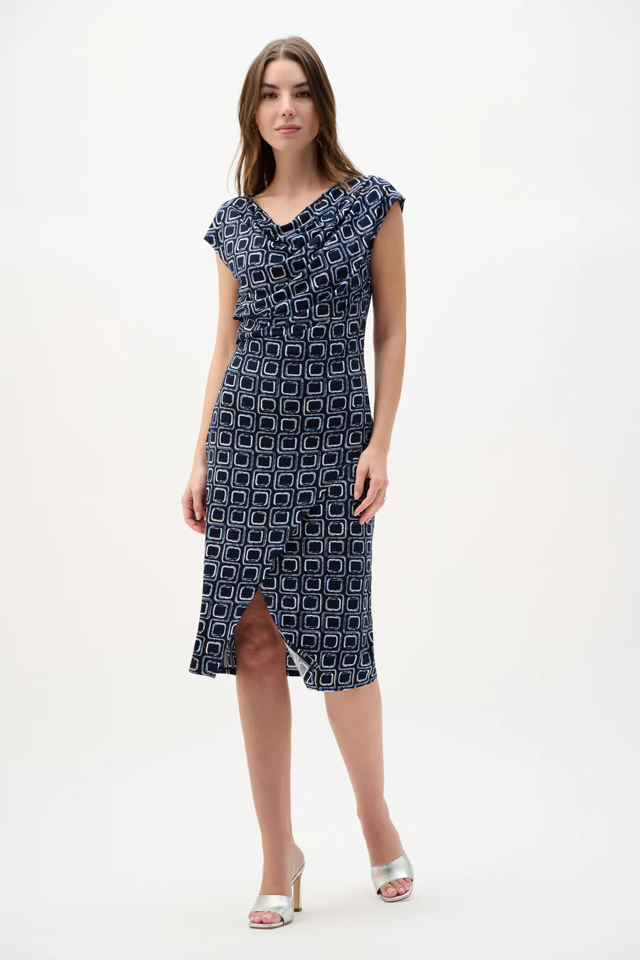 Silky Knit Geometric Print Sheath Wrap Dress