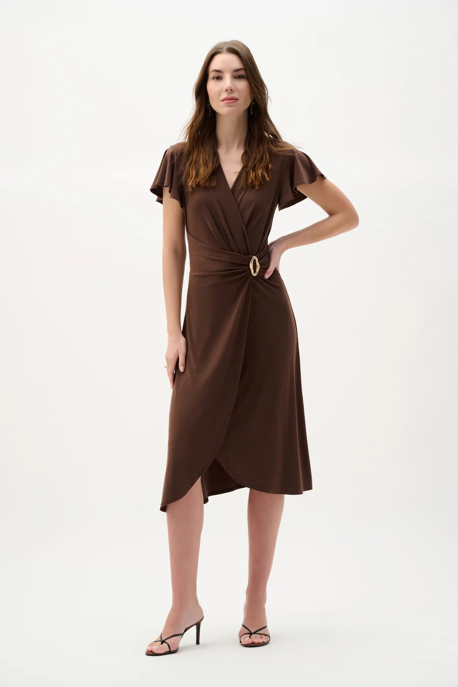 Silky Knit Wrap Dress With Ruffled Sleeves