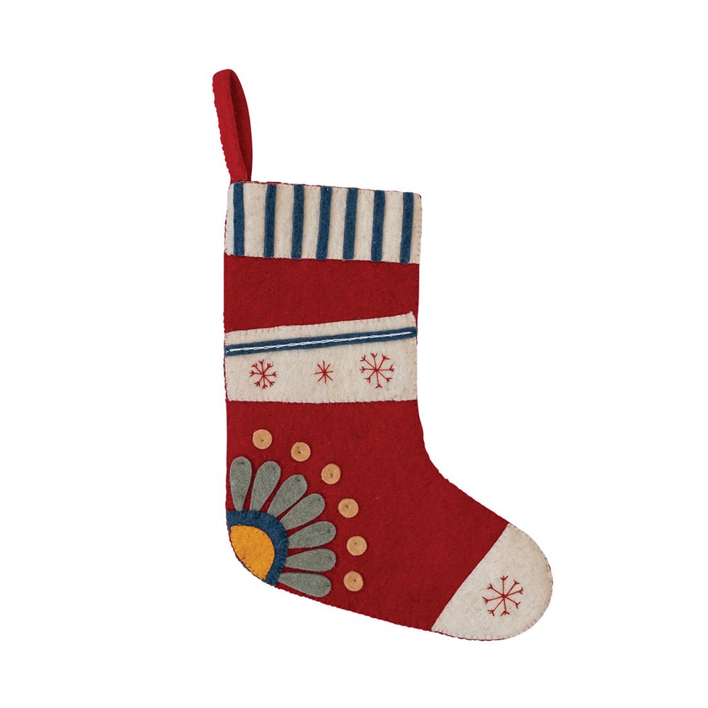 18" Handmade Wool Felt Stocking w/ Embroidered Snowflakes & Flower by Quirks! at Shirley Shoppe