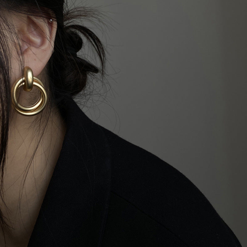 Sier Needle Vintage Golden Geometric Circle Minority Earrings