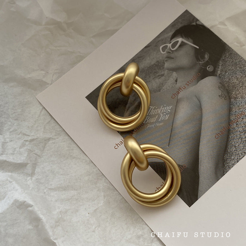 Sier Needle Vintage Golden Geometric Circle Minority Earrings