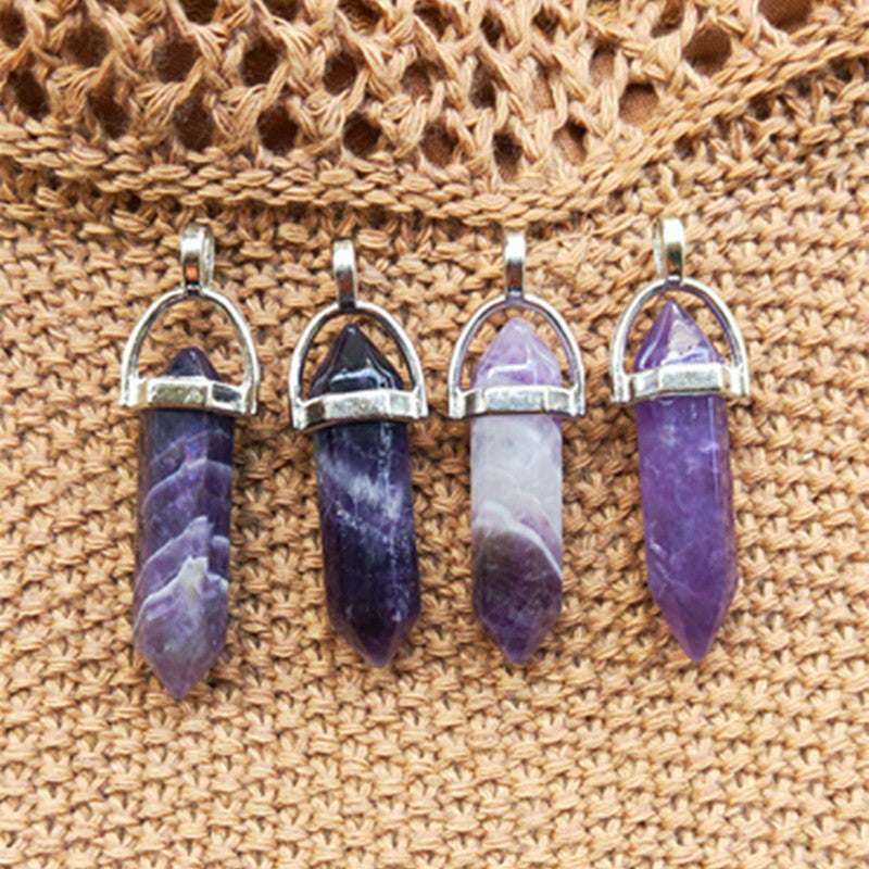 Natural Stone Amethyst Bullet Hexagon Prism Necklaces