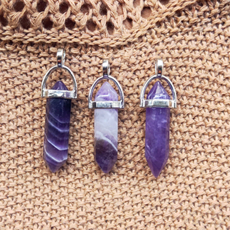Natural Stone Amethyst Bullet Hexagon Prism Necklaces