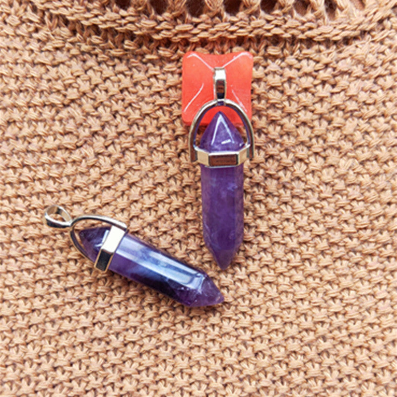 Natural Stone Amethyst Bullet Hexagon Prism Necklaces