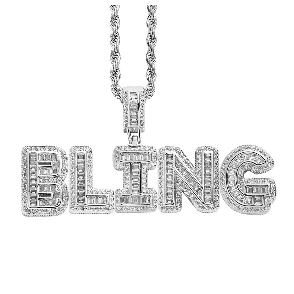 Women's & Men's Hop Cool Rock Sugar Letters Numbers Stitching Combination Square Zircon Pendant