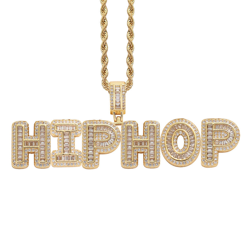 Women's & Men's Hop Cool Rock Sugar Letters Numbers Stitching Combination Square Zircon Pendant