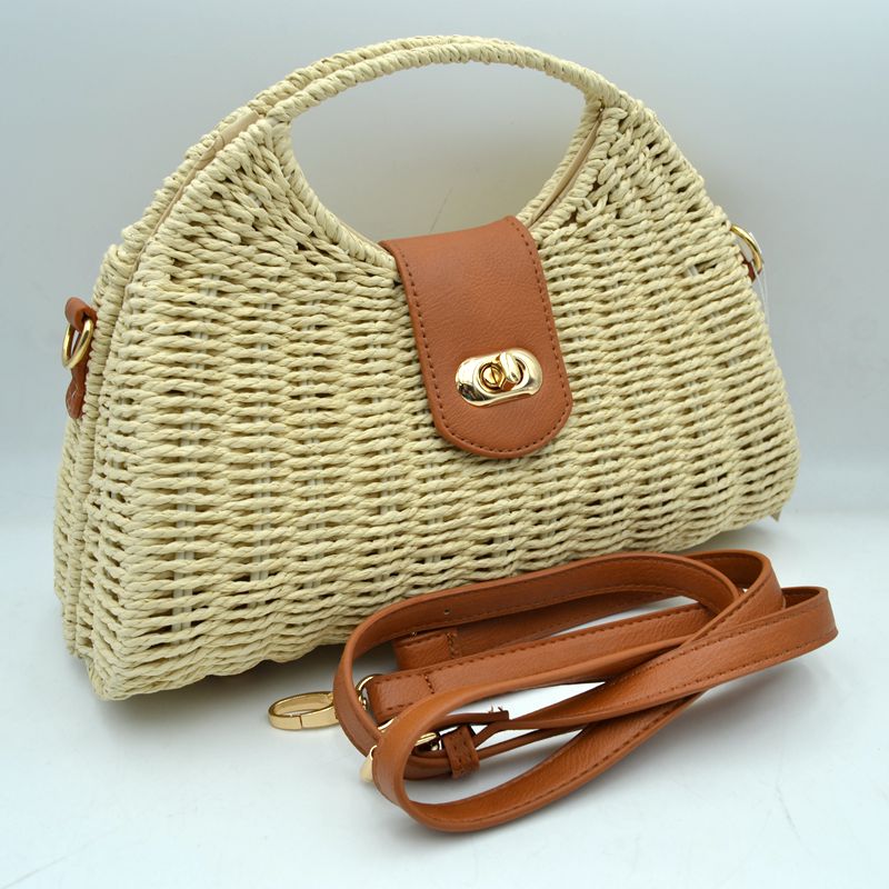 Straw Woven Handbag with Leather Accent & Adjustable Strap