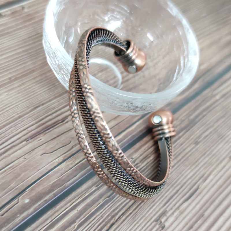 Red Copper 2 Magnetic Button Curved Round Fatigue Bracelet