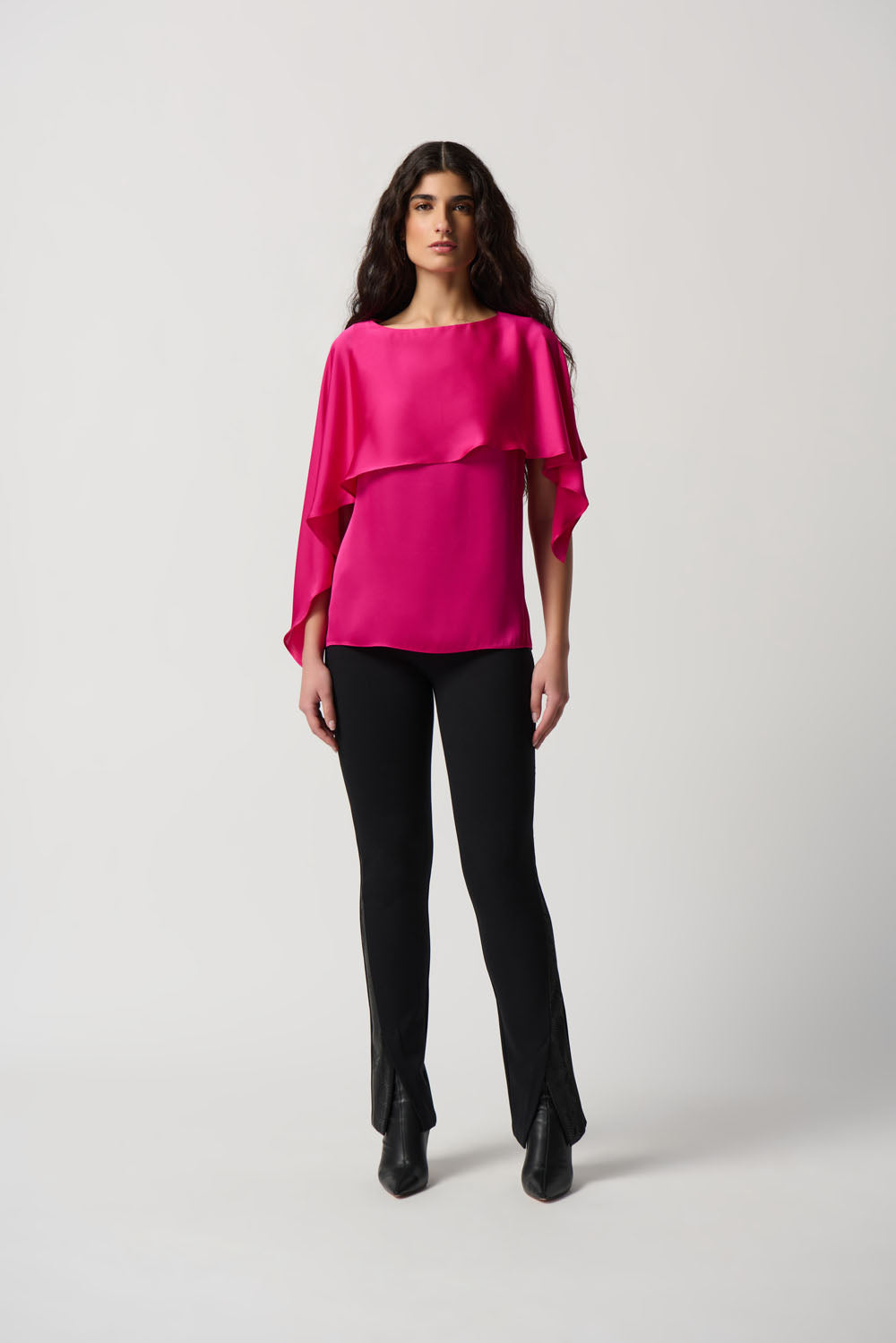 Joseph Ribkoff Shocking Pink Satin Layered Top With Boat Neck Style 234023