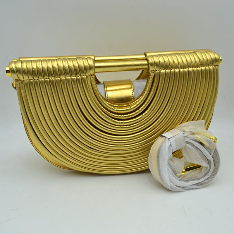 Structured Half-Moon Clutch Bag with Tubular Stitching and Shoulder Strap
