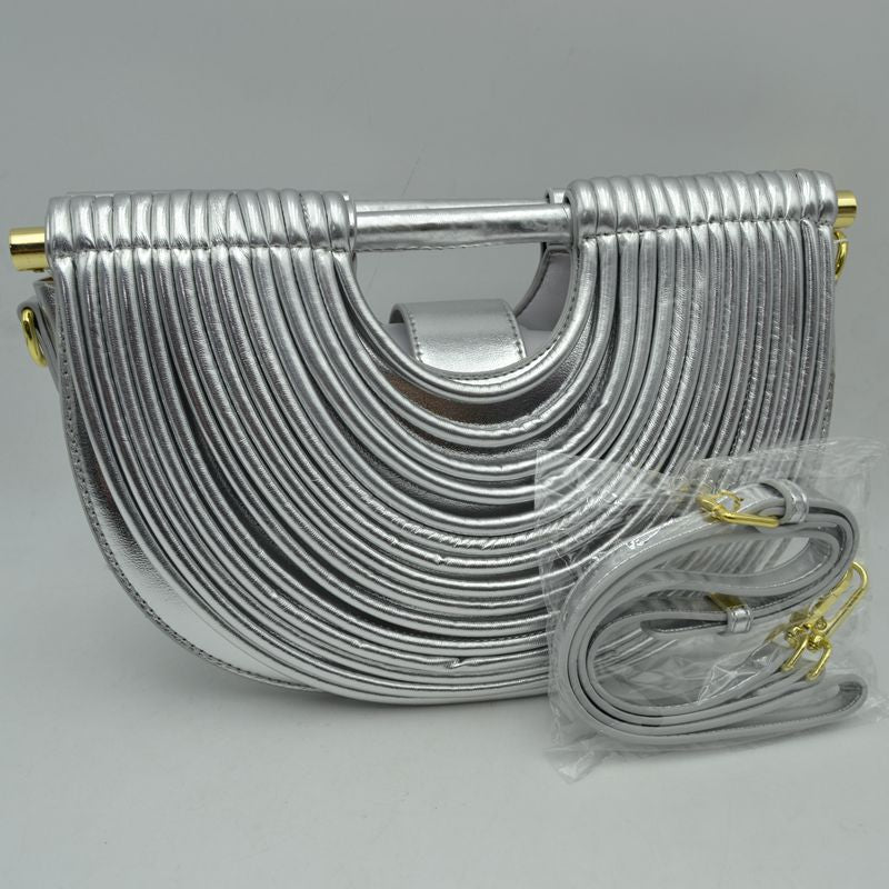 Structured Half-Moon Clutch Bag with Tubular Stitching and Shoulder Strap