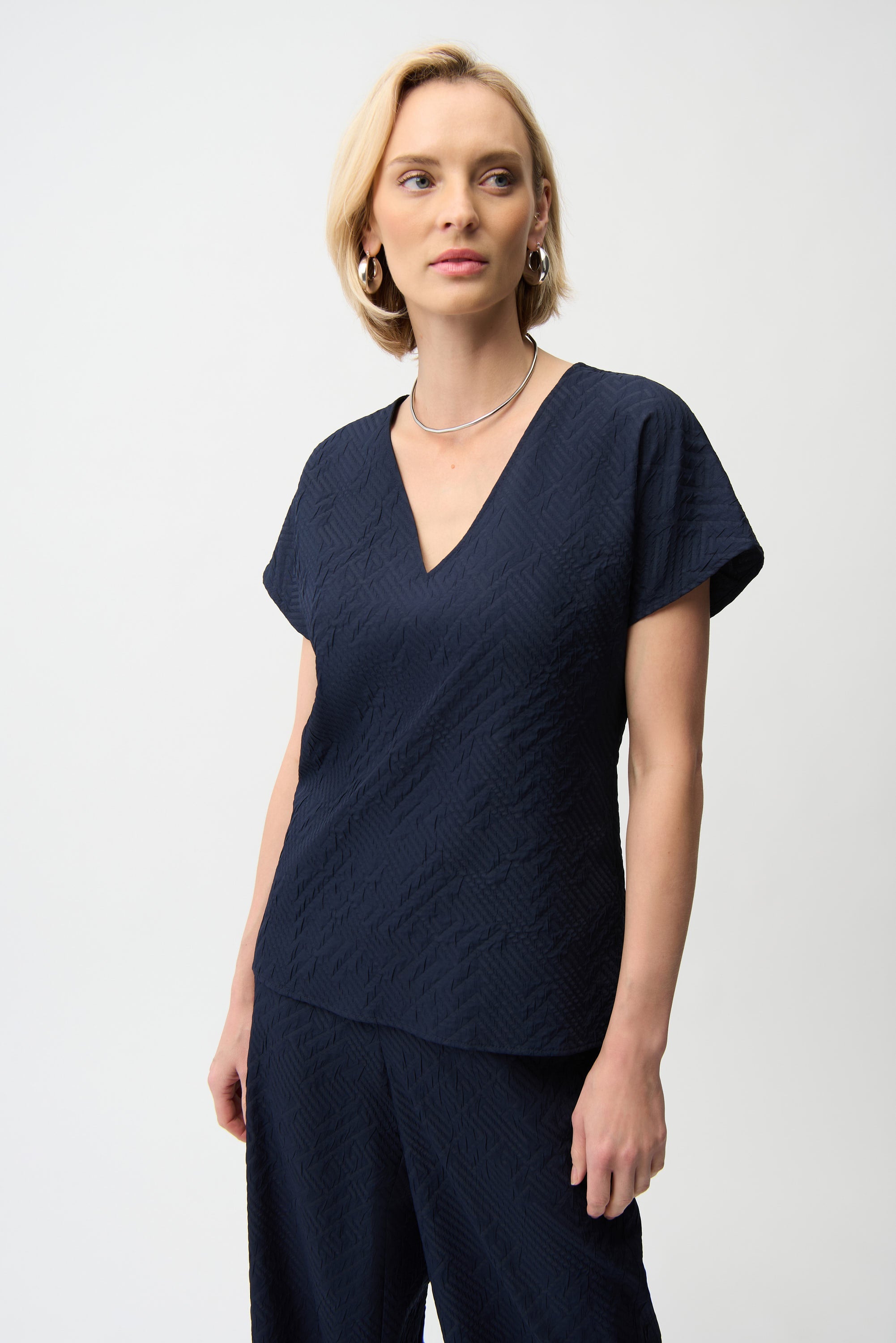 Joseph Ribkoff Geometric Textured Jacquard Top With V-neckline Style 261055