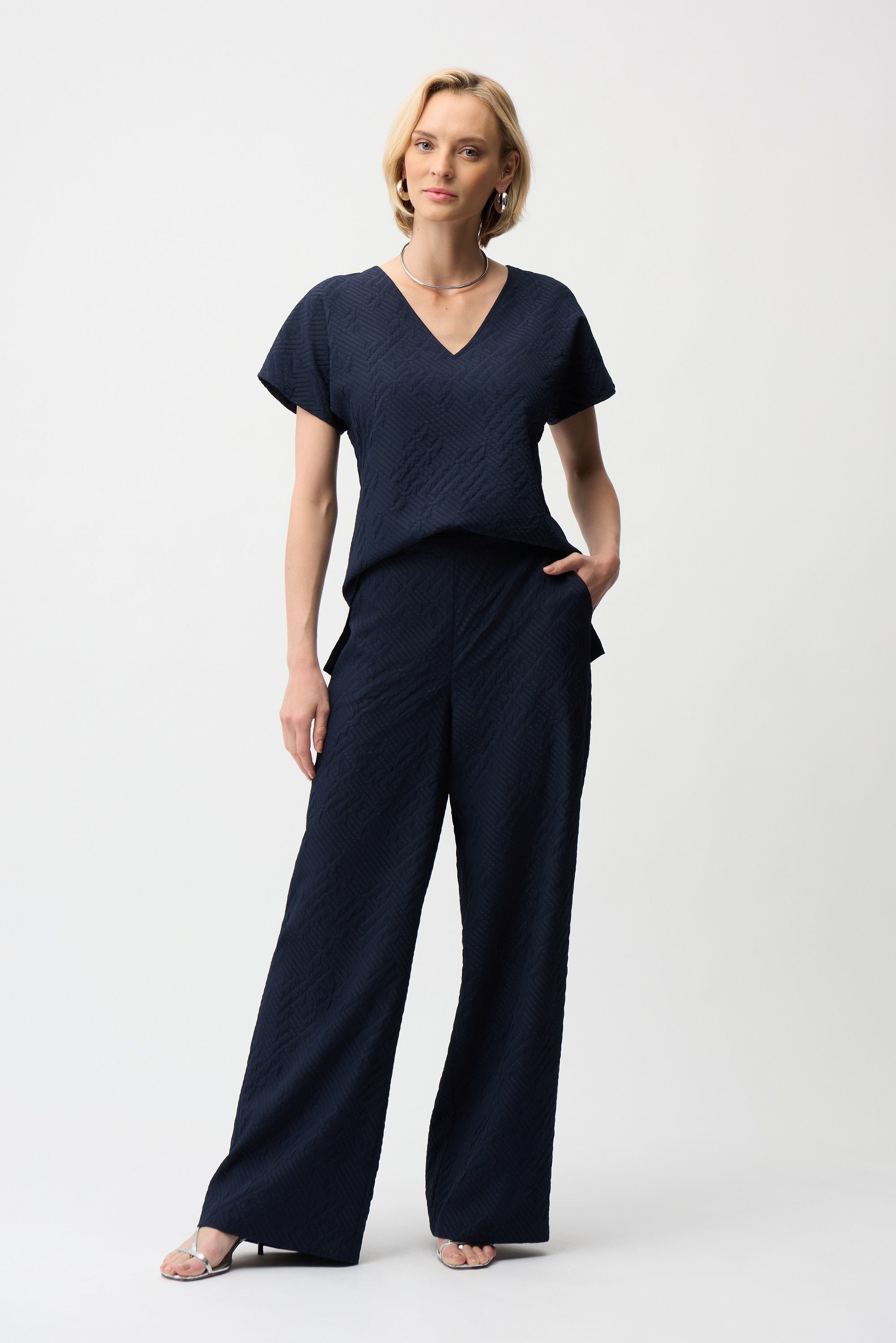 Joseph Ribkoff Geometric Textured Jacquard Top With V-neckline Style 261055