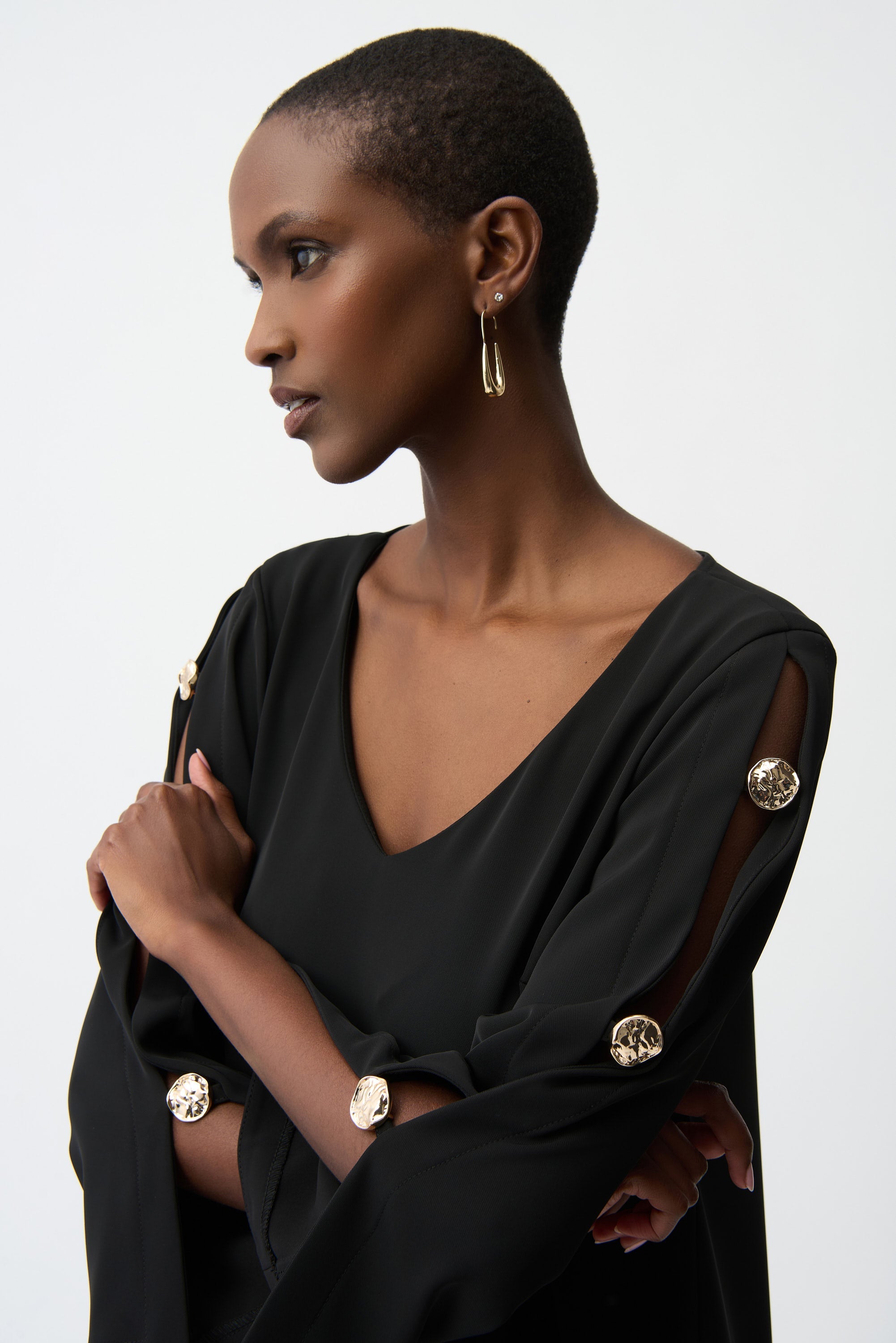 Joseph Ribkoff Trapeze Dress With Gold Trimmed Slit Sleeves Style 261085