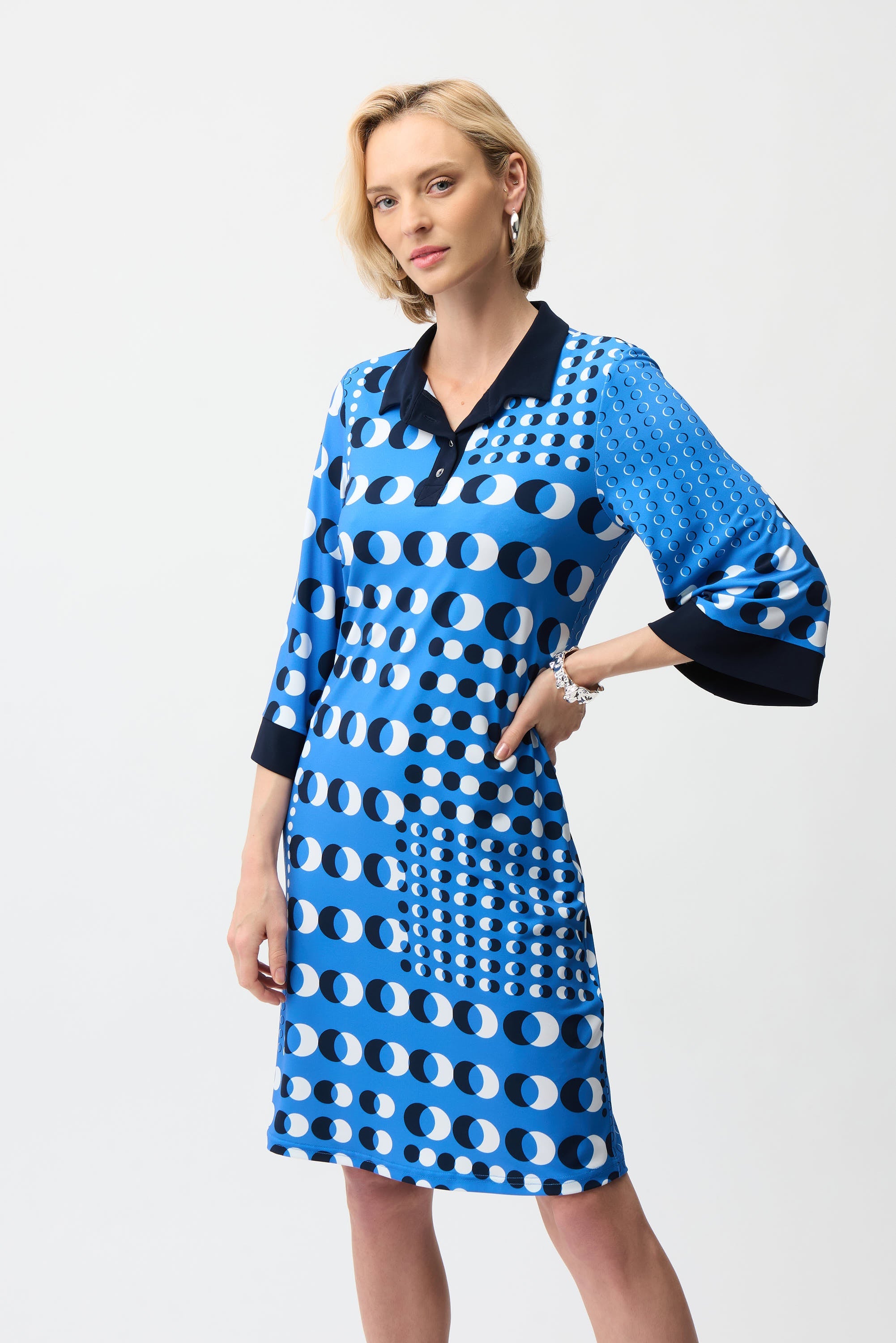 Joseph Ribkoff Dot Print Shirt Dress With Contract Collar & Cuffs Style 261179
