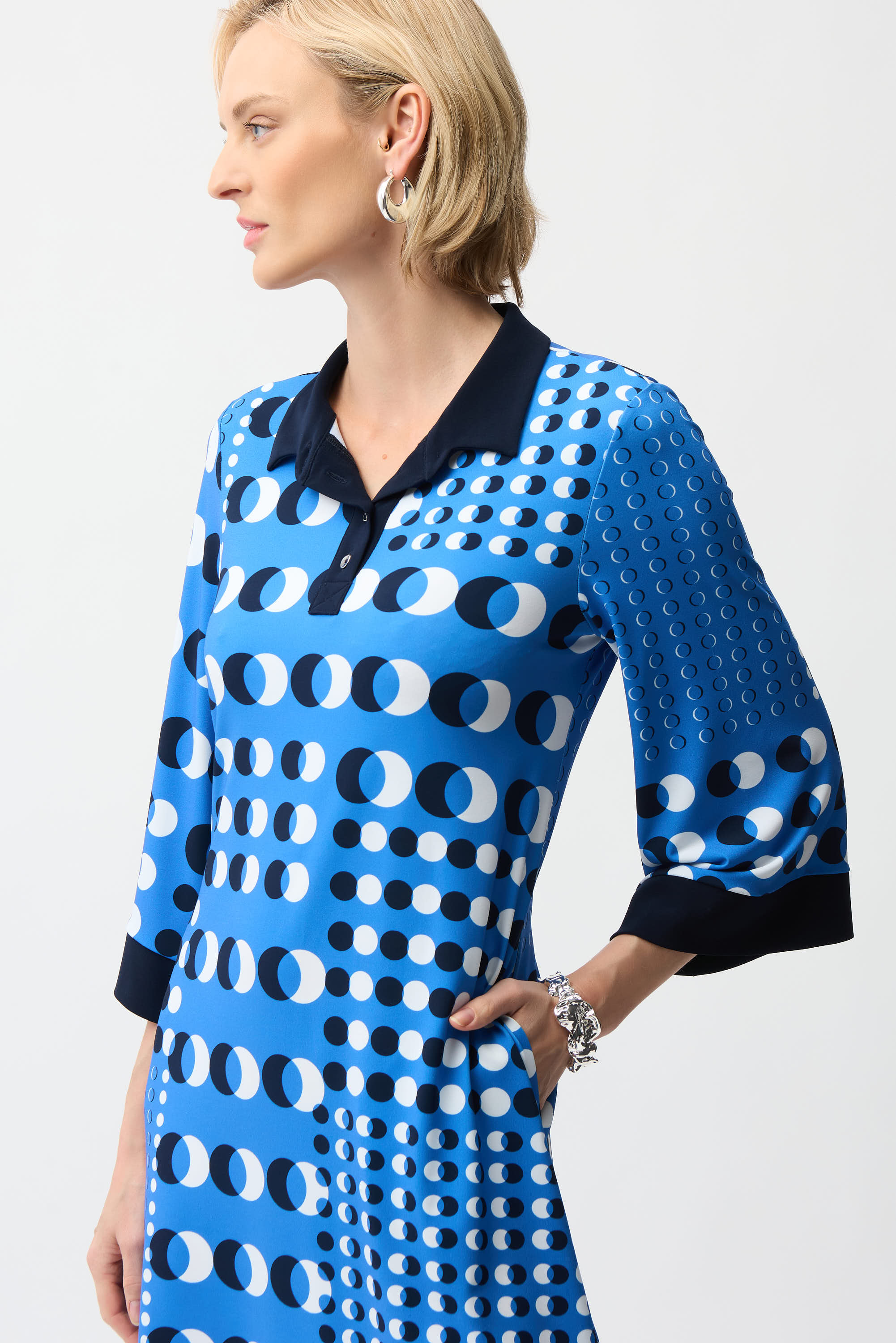 Joseph Ribkoff Dot Print Shirt Dress With Contract Collar & Cuffs Style 261179