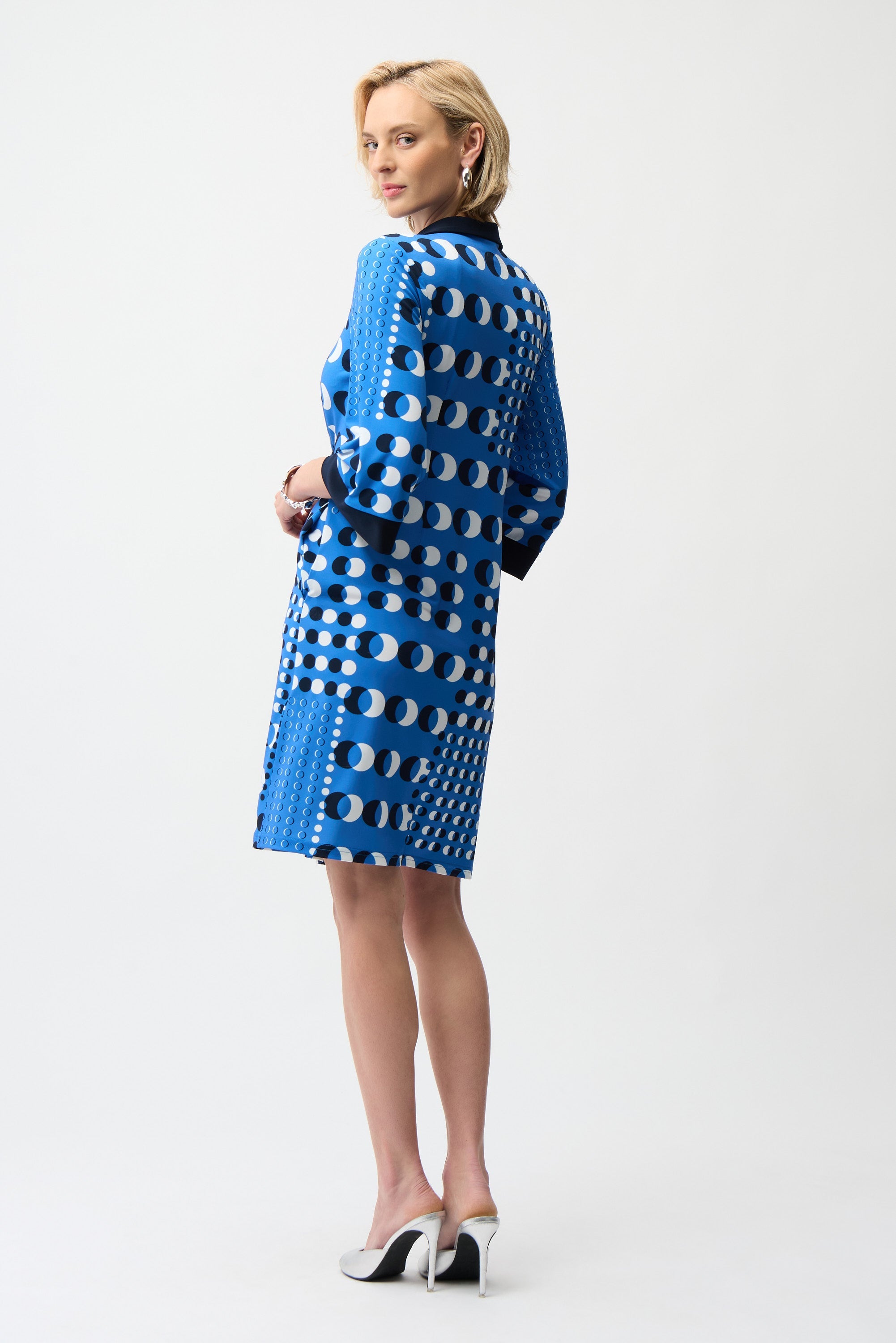 Joseph Ribkoff Dot Print Shirt Dress With Contract Collar & Cuffs Style 261179