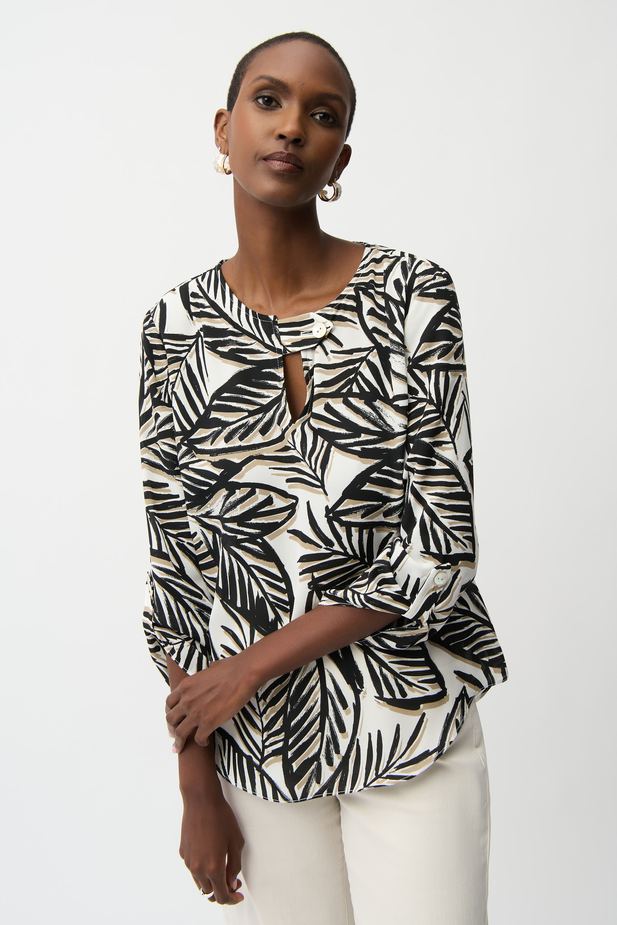 Joseph Ribkoff Georgette Tropical Print Boxy Top With Front Keyhole Style 261207