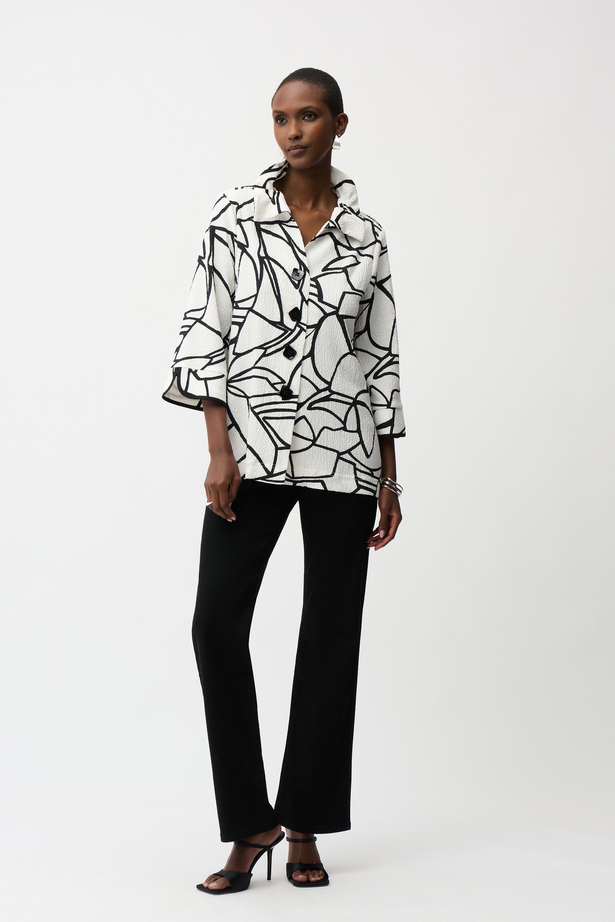 Joseph Ribkoff Seersucker Abstract Print Trapeze Jacket With Contrast Button Style 261239