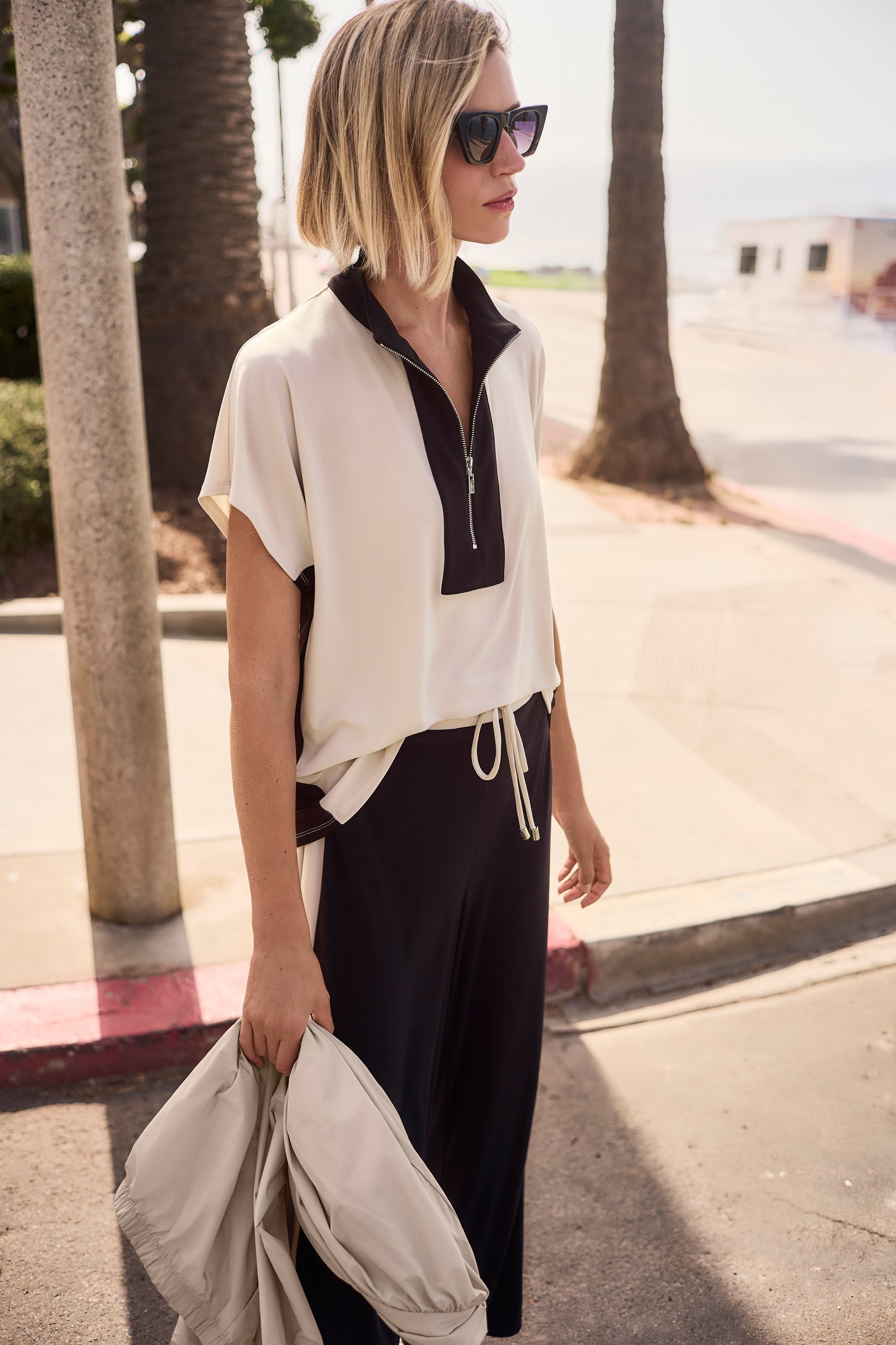 Joseph Ribkoff Color Block Straight Top With Zipped Collar Style 261611