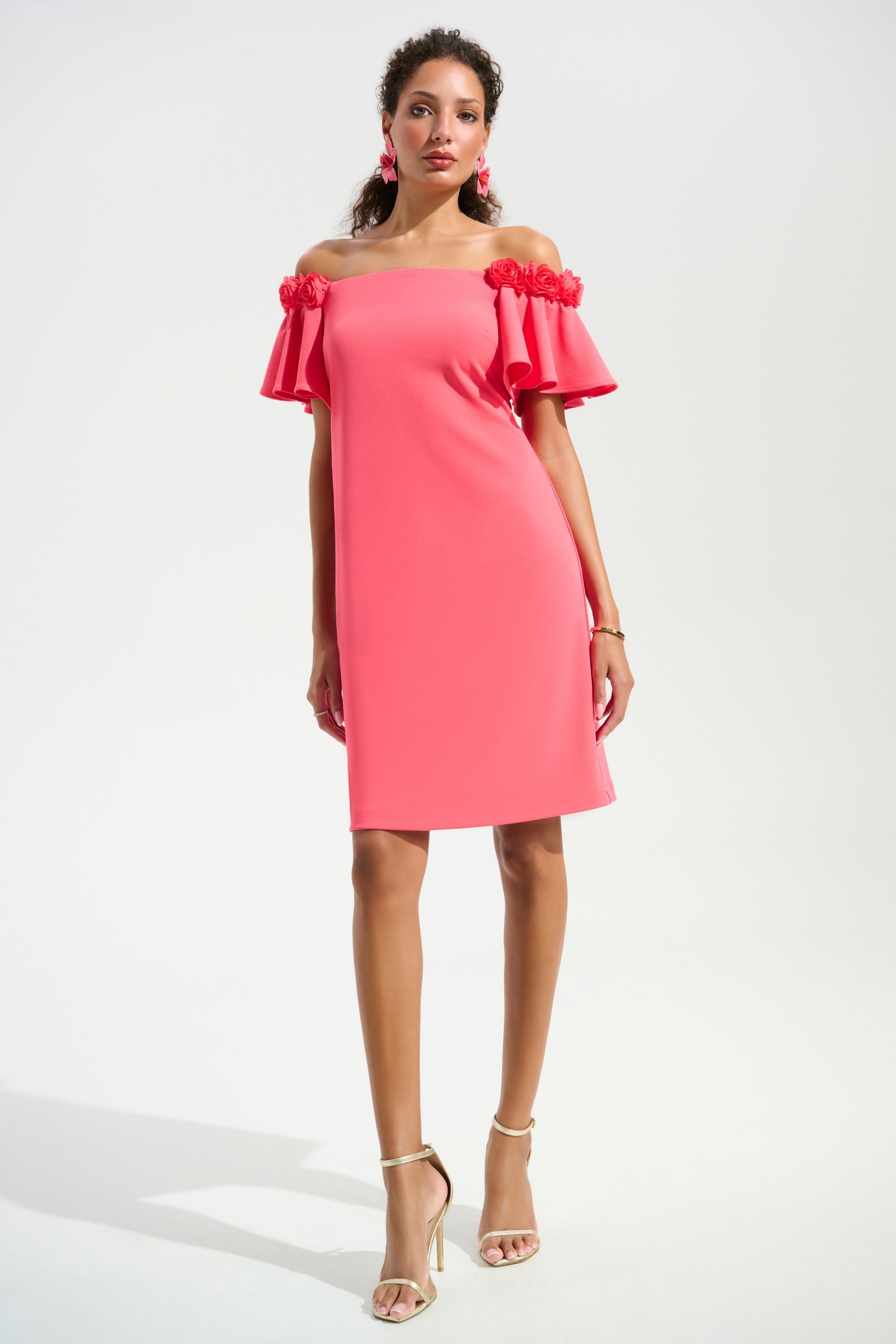 Joseph Ribkoff Off-Shoulder Shift Dress With 3D Flower Trim Style 261734
