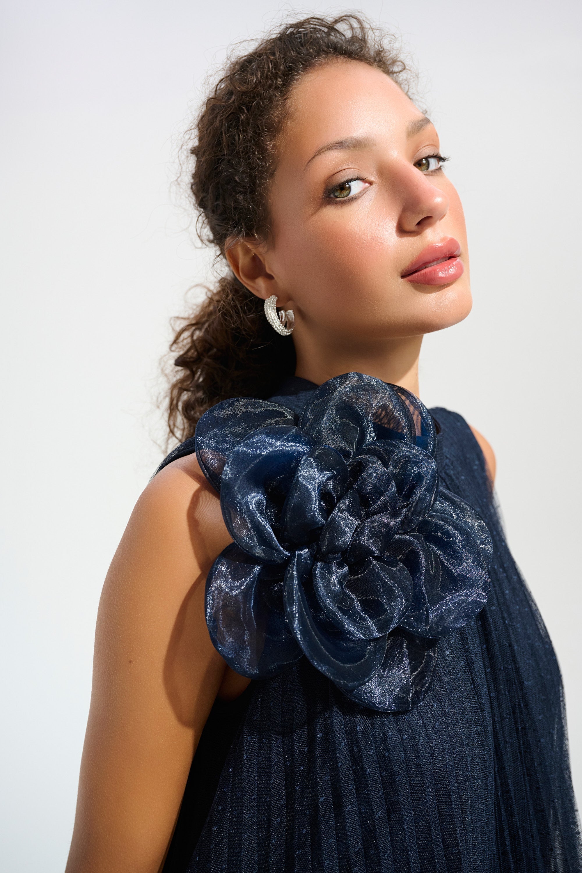 Joseph Ribkoff Mesh And Lace A-Line Dress With Organza Flower Detail Style 261737