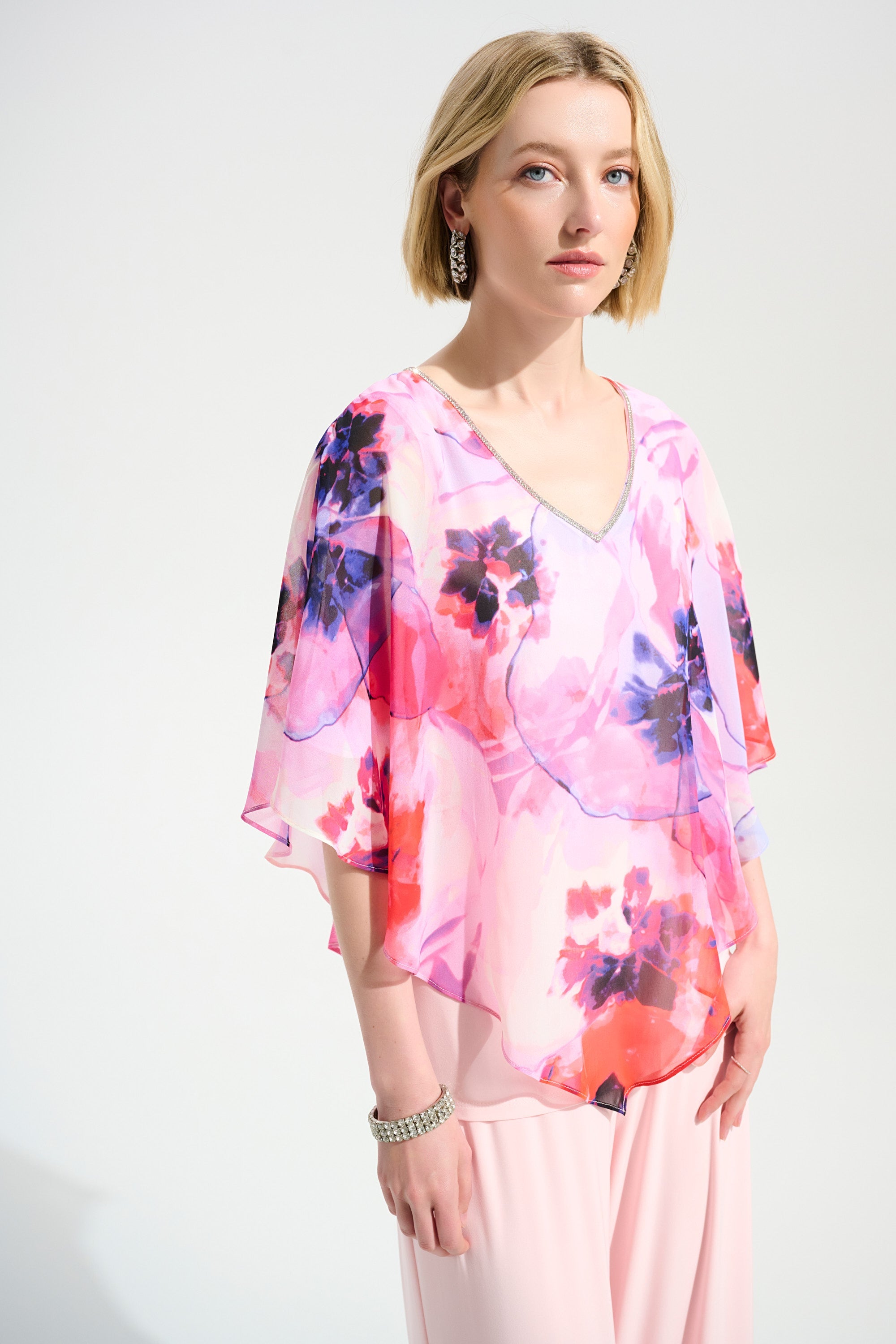Joseph Ribkoff Floral Print Poncho Top With Chiffon Layer Style 261777