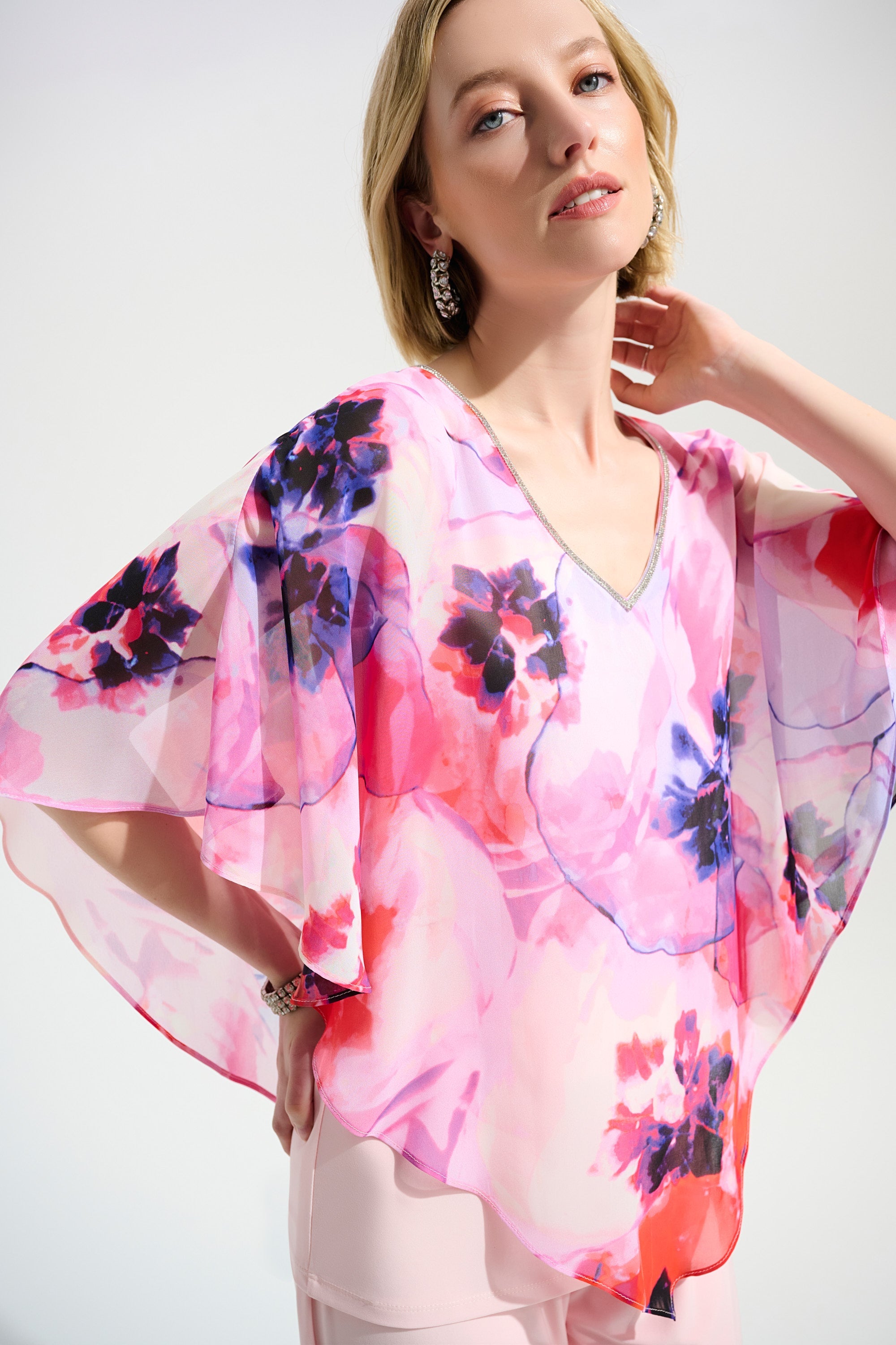 Joseph Ribkoff Floral Print Poncho Top With Chiffon Layer Style 261777