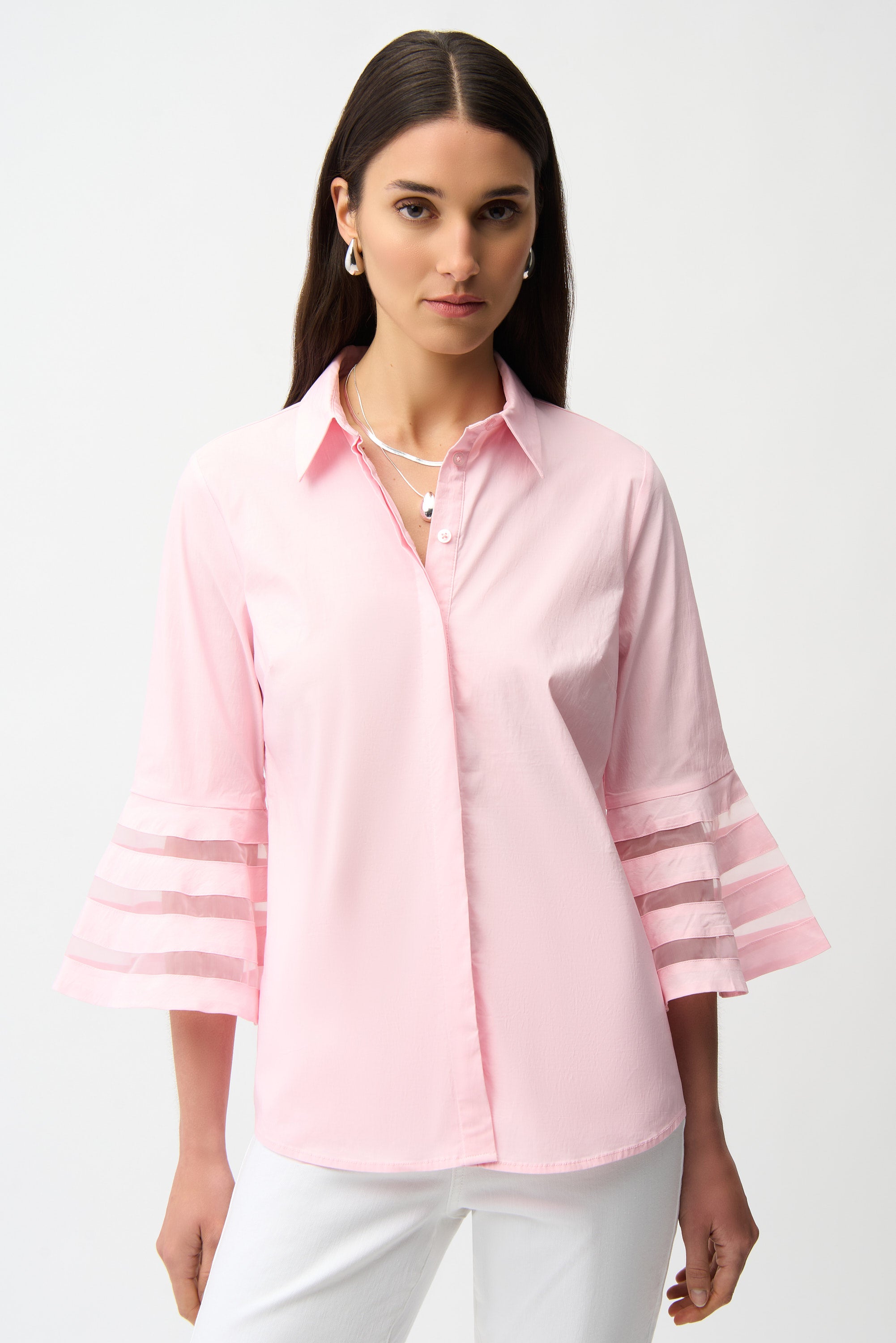 Joseph Ribkoff Poplin Straight Blouse with Organza Bell Sleeves Style 261933