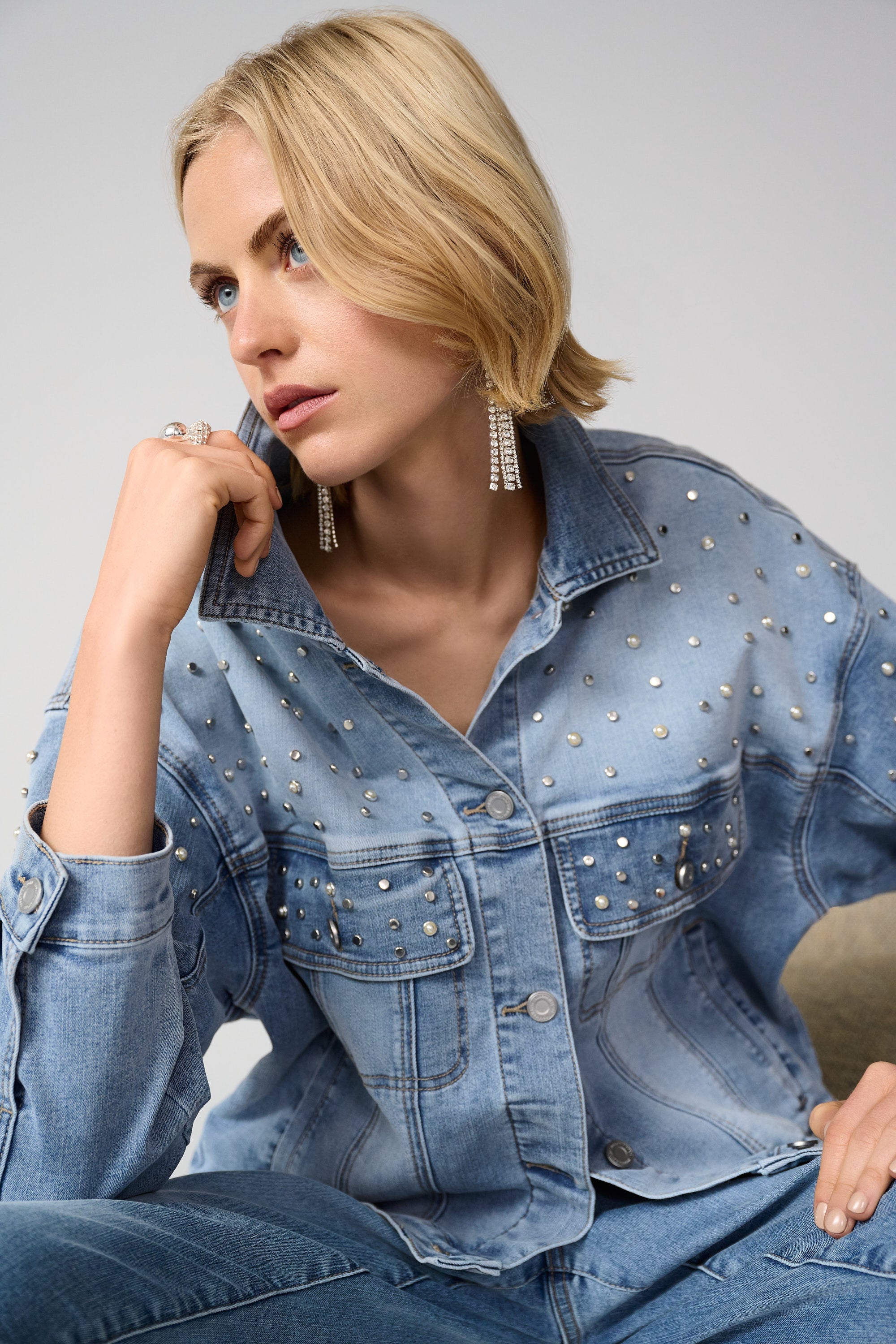 Joseph Ribkoff Denim Oversized Jacket With Pearls & Studs Style 261946