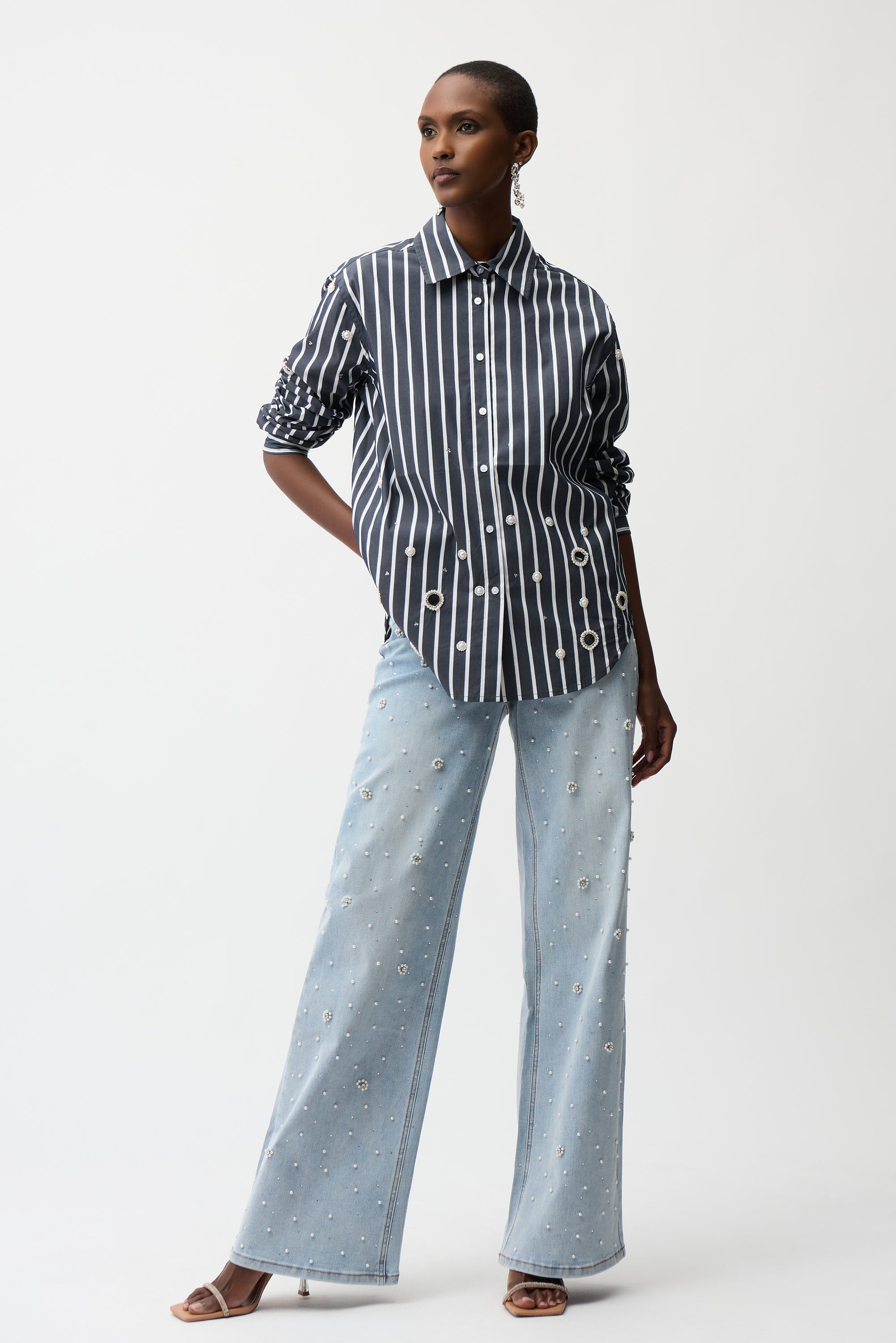 Joseph Ribkoff Cotton Stripe Print Boxy Blouse With Rhinestones Style 261966